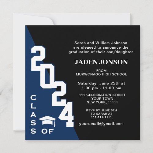 Modern Class of 2024 Blue Black Graduation Party Invitation