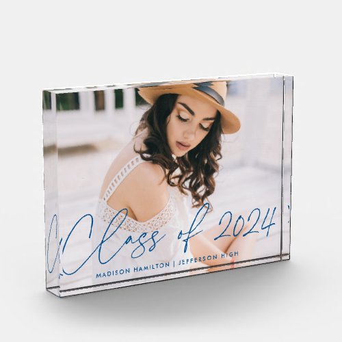 Modern Class of 2024 Blue Script Graduation Photo Block