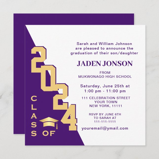 Modern Class of 2024 Gold Purple Graduation Party Invitation (Front/Back)
