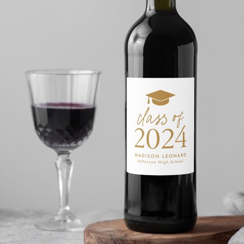 Modern Class of 2024 Gold Script Graduation Wine Label