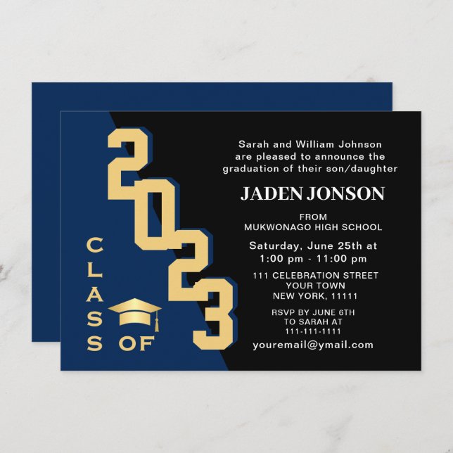 Modern Class of 2024 Golden Navy Graduation Party Invitation (Front/Back)