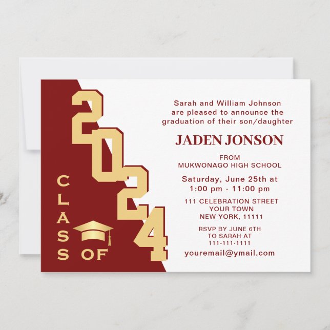 Modern Class of 2024 Golden Red Graduation Party Invitation (Front)
