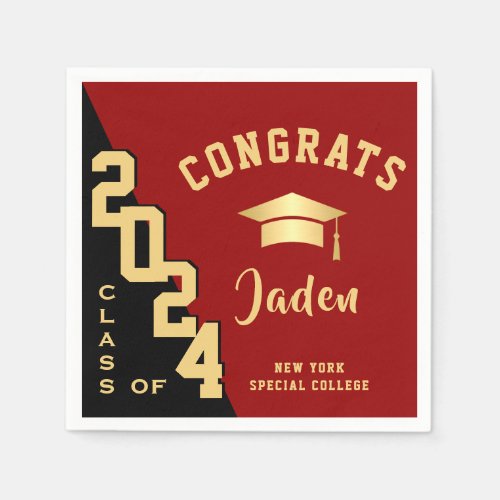 Modern Class of 2024 Golden Red Graduation Party Napkins