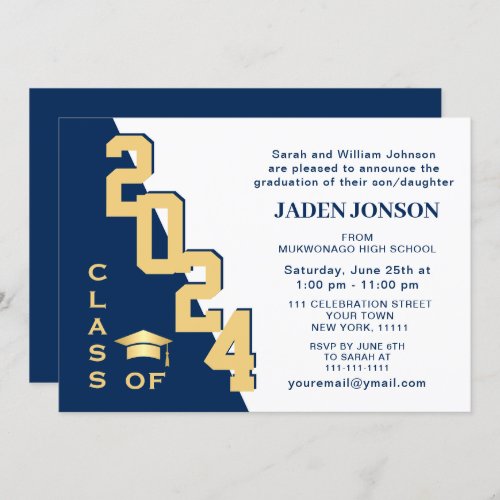 Modern Class of 2024 Grad Blue Graduation Party Invitation