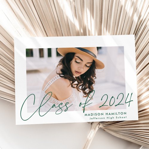 Modern Class of 2024 Green Script Photo Graduation Announcement