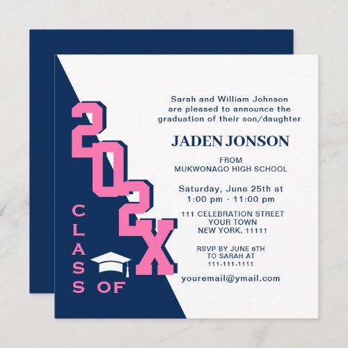 Modern Class of 2024 Navy Pink Graduation Party Invitation