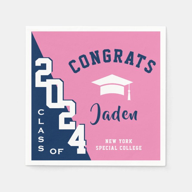 Modern Class of 2024 Navy Pink Graduation Party Napkins (Front)