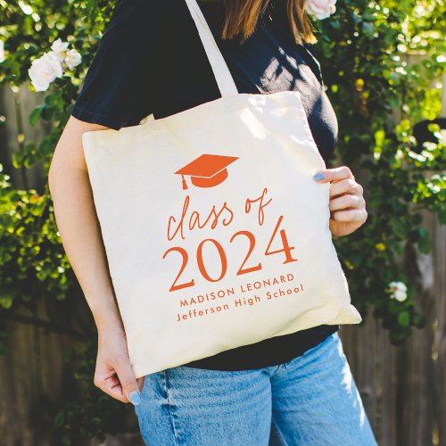 Modern Class of 2024 Orange Script Graduation Tote Bag