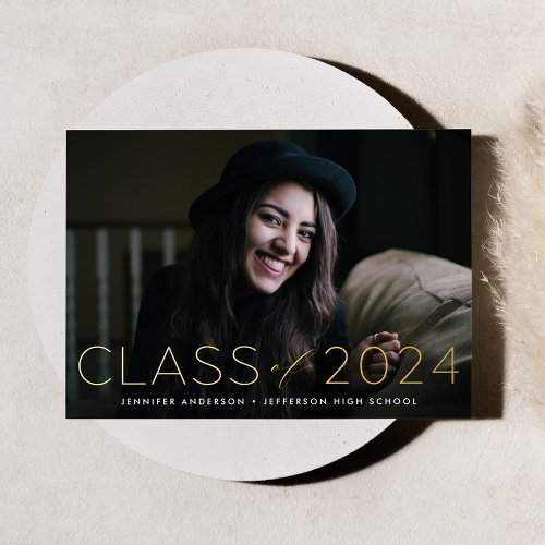 Modern Class of 2024 Photo Graduation Gold Foil Invitation