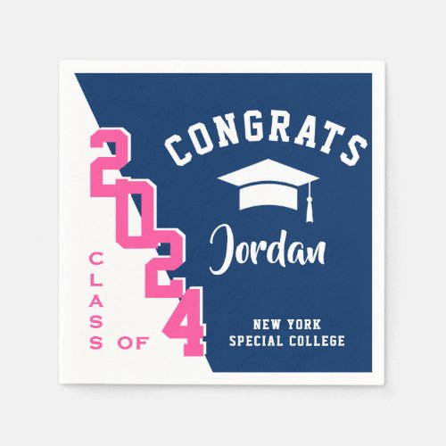 Modern Class of 2024 Pink Navy Graduation Party Napkins