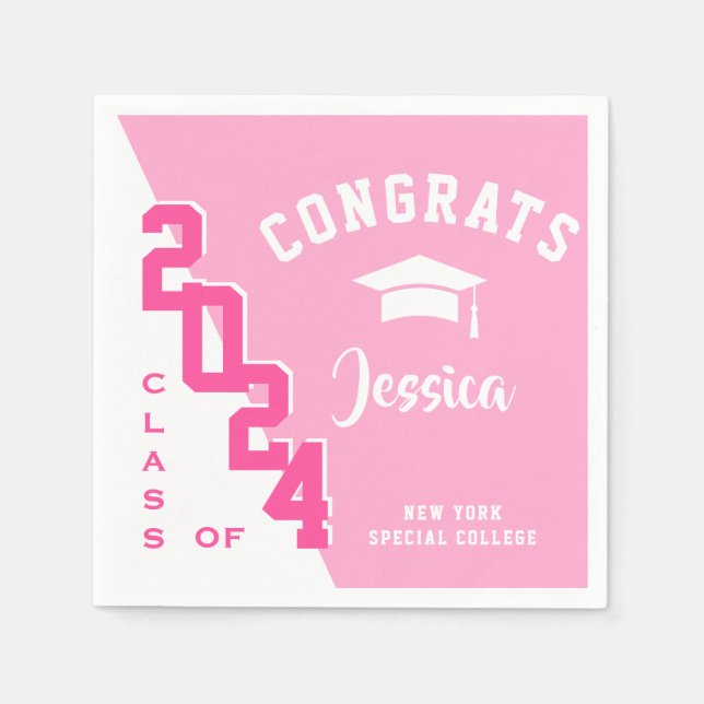 Modern Class of 2024 Pink White Graduation Party Napkins (Front)