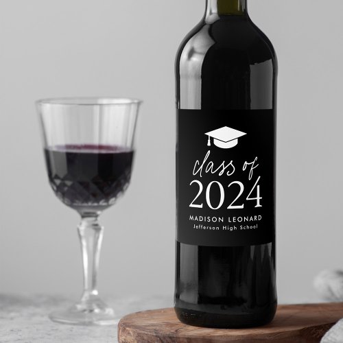Modern Class of 2024 Script Black Graduation Wine Label