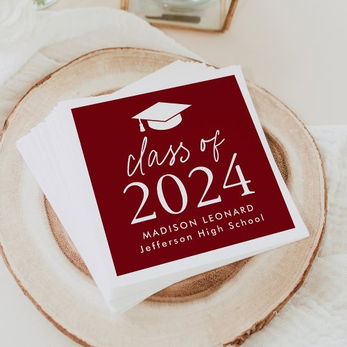 Modern Class of 2024 Script Burgundy Graduation Napkins