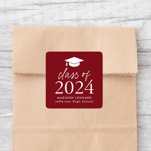 Modern Class of 2024 Script Burgundy Graduation Square Sticker