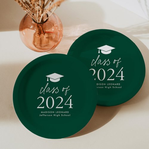 Modern Class of 2024 Script Green Graduation Paper Plates
