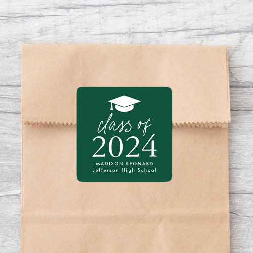 Modern Class of 2024 Script Green Graduation Square Sticker