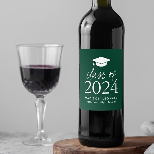 Modern Class of 2024 Script Green Graduation Wine Label