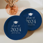 Modern Class of 2024 Script Navy Blue Graduation Paper Plates<br><div class="desc">Add a personalized touch to your graduation party with these modern graduation paper plates! The paper plates feature a graduation cap at the top of the design with "Class of 2024" displayed in bold white lettering on a navy blue background. Personalize the navy graduation plates with the graduate's name, school,...</div>