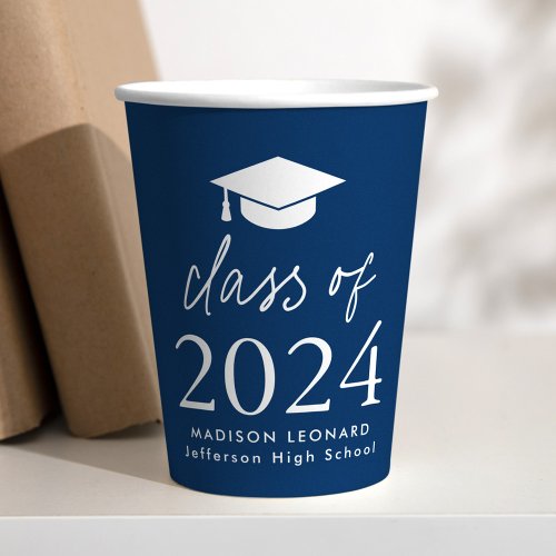 Modern Class of 2024 Script Navy Graduation Paper Cups