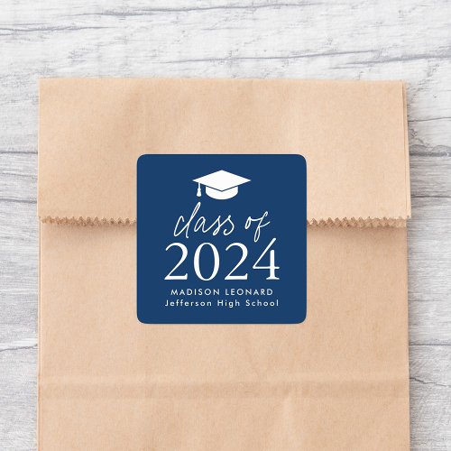 Modern Class of 2024 Script Navy Graduation Square Sticker