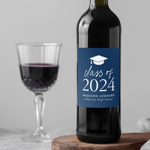 Modern Class of 2024 Script Navy Graduation Wine Label