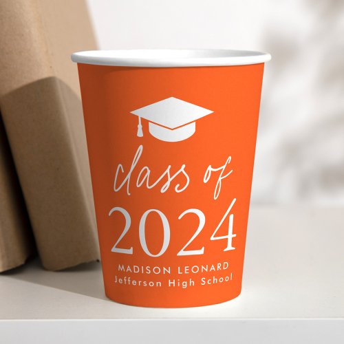 Modern Class of 2024 Script Orange Graduation Paper Cups