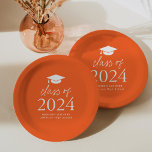 Modern Class of 2024 Script Orange Graduation Paper Plates<br><div class="desc">Add a personalized touch to your graduation party with these modern graduation paper plates! The paper plates feature a graduation cap at the top of the design with "Class of 2024" displayed in bold white lettering on an orange background. Personalize the orange graduation plates with the graduate's name, school, and...</div>