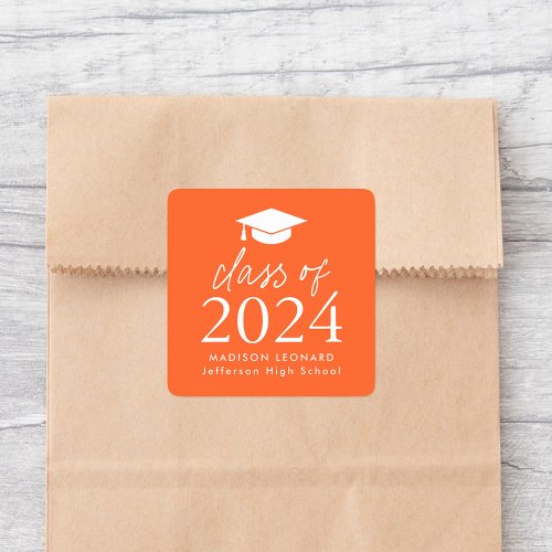 Modern Class of 2024 Script Orange Graduation Square Sticker