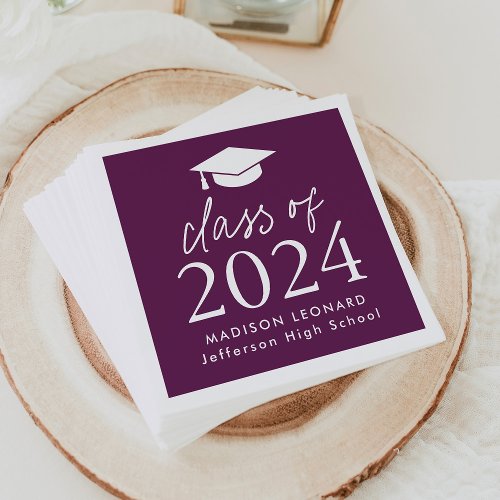 Modern Class of 2024 Script Purple Graduation Napkins