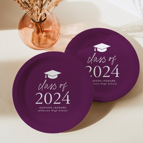Modern Class of 2024 Script Purple Graduation Paper Plates