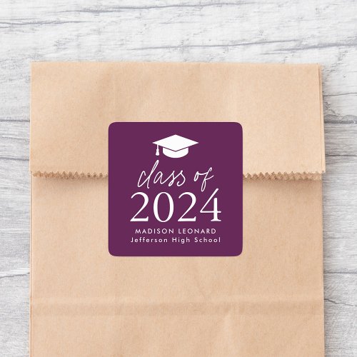 Modern Class of 2024 Script Purple Graduation Square Sticker