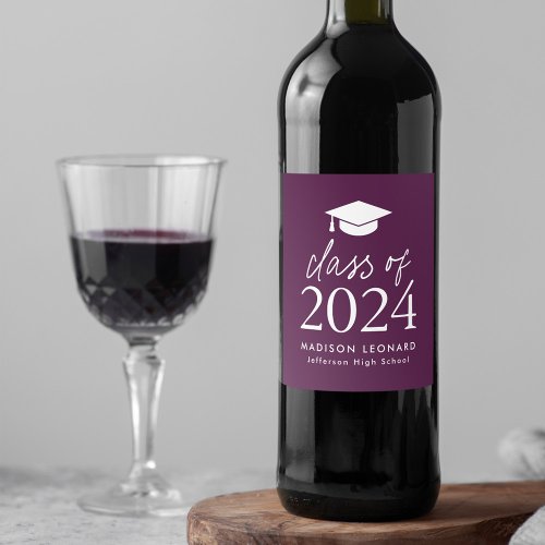 Modern Class of 2024 Script Purple Graduation Wine Label