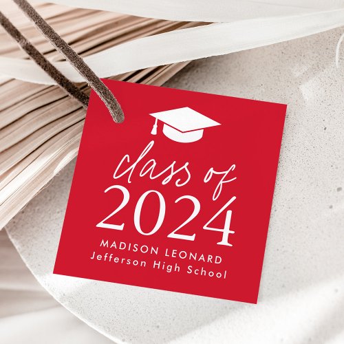 Modern Class of 2024 Script Red Graduation Favor Tags