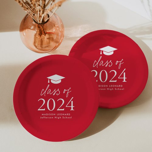 Modern Class of 2024 Script Red Graduation Paper Plates