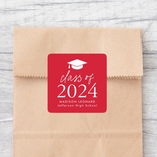 Modern Class of 2024 Script Red Graduation Square Sticker
