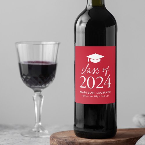 Modern Class of 2024 Script Red Graduation Wine Label