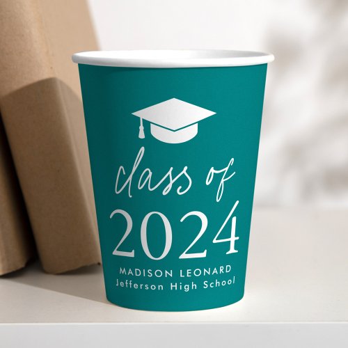 Modern Class of 2024 Script Teal Graduation Paper Cups