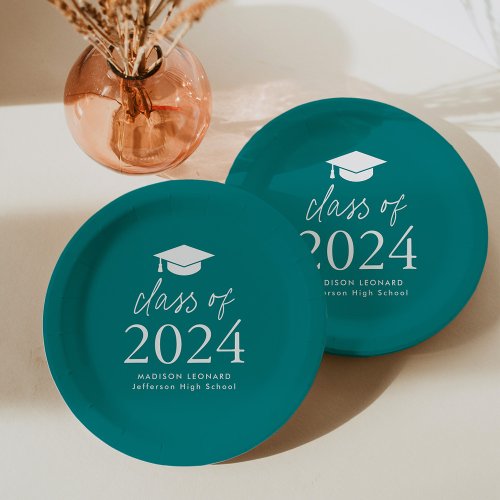 Modern Class of 2024 Script Teal Graduation Paper Plates