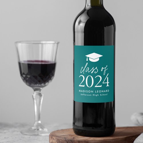 Modern Class of 2024 Script Teal Graduation Wine Label