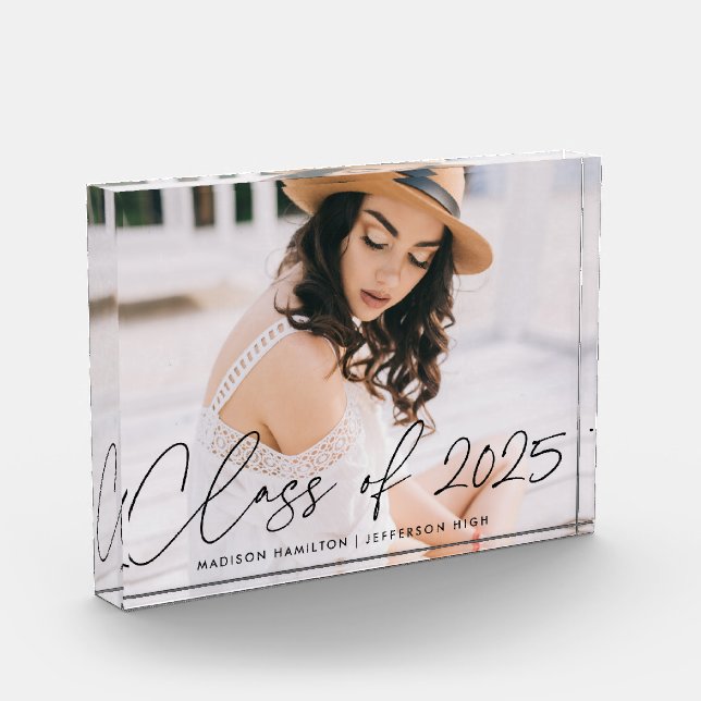 Modern Class of 2025 Black Script Graduation Photo Block (Left)