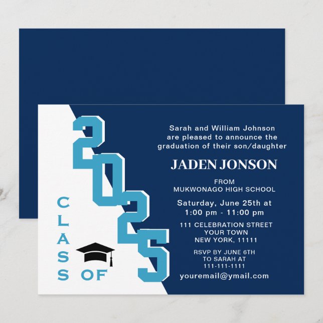 Modern Class of 2025 Blue White Graduation Party Invitation (Front/Back)