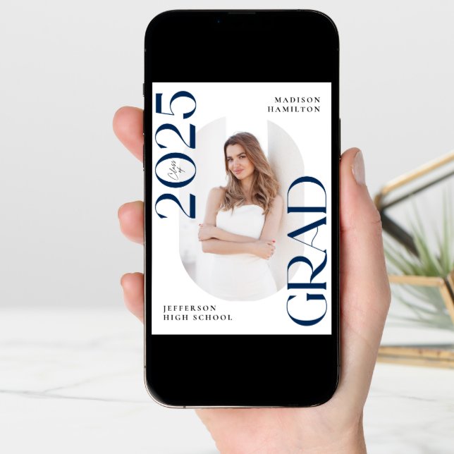 Modern Class of 2025 Navy Grad 2 Photo Graduation Announcement (Front Digital)