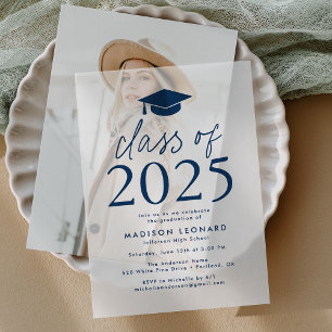 Modern Class of 2025 Navy Graduation Party Vellum Invitations