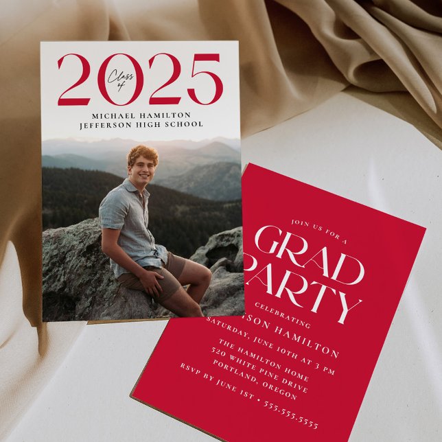 Modern Class of 2025 Red Photo Graduation Party Invitation (Creator Uploaded)