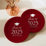 Modern Class of 2025 Script Burgundy Graduation Paper Plates<br><div class="desc">Add a personalized touch to your graduation party with these modern graduation paper plates! The paper plates feature a graduation cap at the top of the design with "Class of 2025" displayed in bold white lettering on a burgundy background. Personalize the burgundy graduation plates with the graduate's name, school, and...</div>