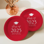 Modern Class of 2025 Script Red Graduation Paper Plates<br><div class="desc">Add a personalized touch to your graduation party with these modern graduation paper plates! The paper plates feature a graduation cap at the top of the design with "Class of 2025" displayed in bold white lettering on a red background. Personalize the red graduation plates with the graduate's name, school, and...</div>