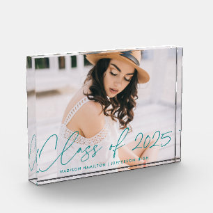 Modern Class of 2025 Teal Script Graduation Photo Block