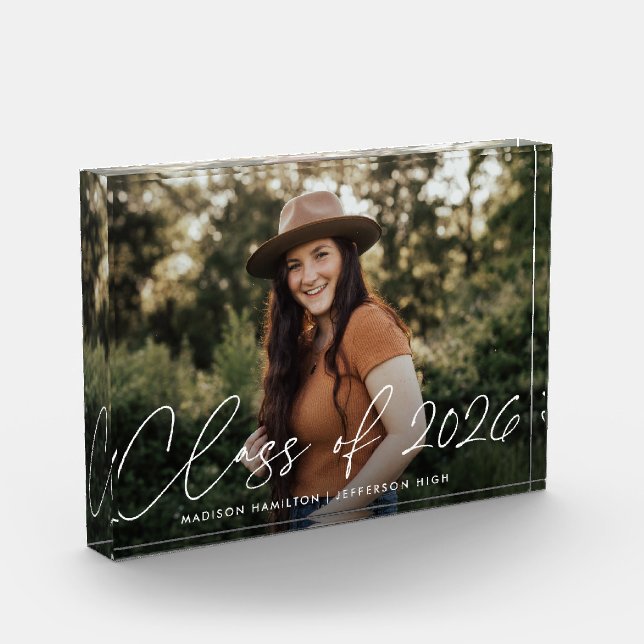 Modern Class of 2025 White Script Graduation Photo Block (Left)