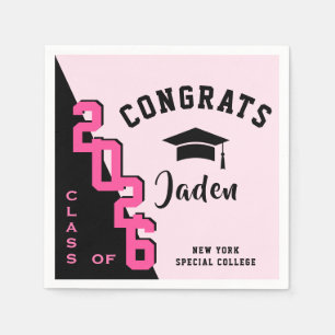 Modern Class of 2026 Black Pink Graduation Party Napkins