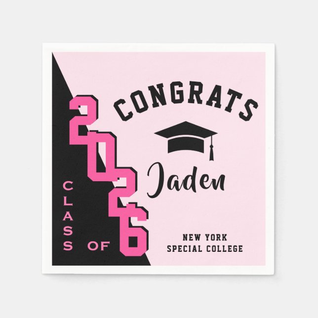 Modern Class of 2026 Black Pink Graduation Party Napkins (Front)